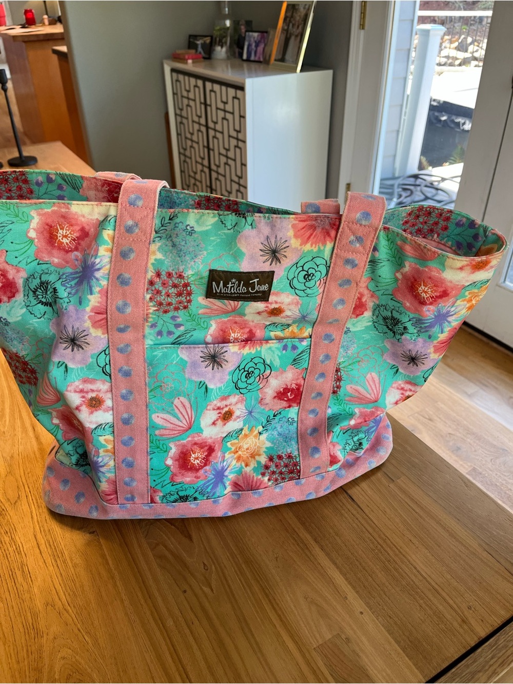 Matilda Jane mint and pink Floral Canvas Tote with matching zippered small pouch